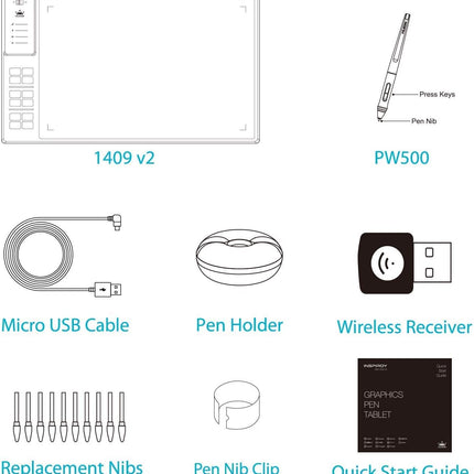 HUION WH1409 V2 Upgraded Battery-Free Wireless Graphics Drawing Tablet 8192 Levels 13.8 X 8.6 Inch with 12 Express Keys