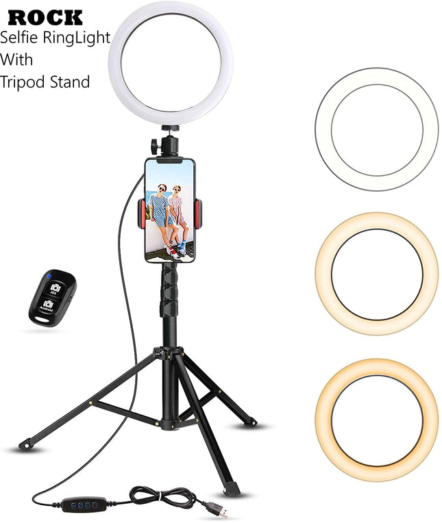 ROCK Black Selfie Ring Light with Tripod Stand & Phone Holder Multi-camera (Model RPH0948)