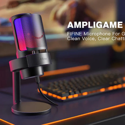 FIFINE AMPLIGAME A8 USB MIC WITH CONTROLLABLE RGB, LIVE MONITORING, INPUT DIAL, POP FILTER FOR STREAMING