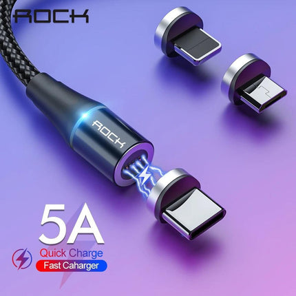 ROCK G1 5V 3A 3 in 1 8 Pin + Micro USB + USB-C / Type-C Magnetic Fast Charging Braided Data Cable, Length: 1m (Black)